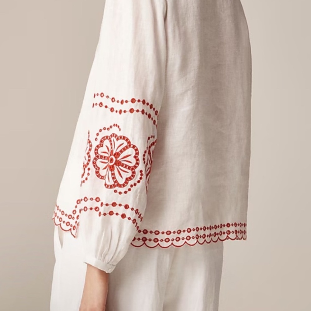 J. Crew White Linen Blouse with Red Embroidery - Picture 3 of 5